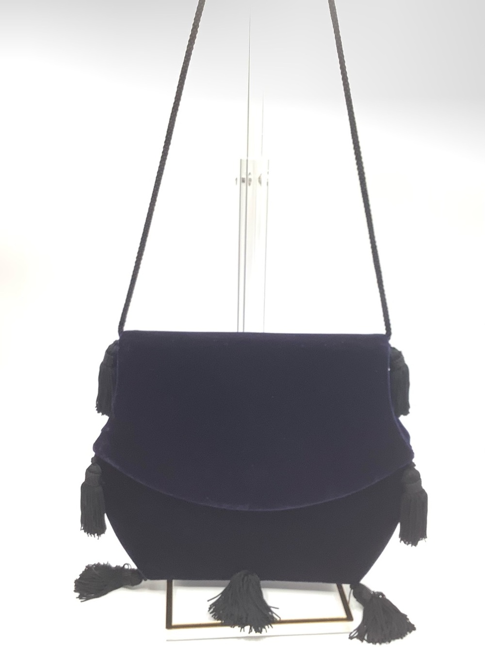 Yves Saint Laurent Blue Velvet Flap Bag with Black Tassels and Cord Strap - Picture 3 of 10